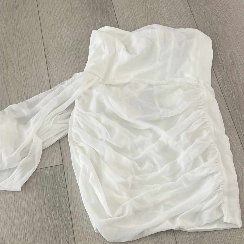 White One-Shoulder Ruched Mini Dress